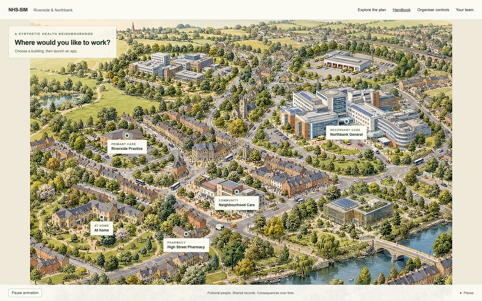 The NHS-SIM neighbourhood map, with a GP practice, hospital, community service, pharmacy and home.