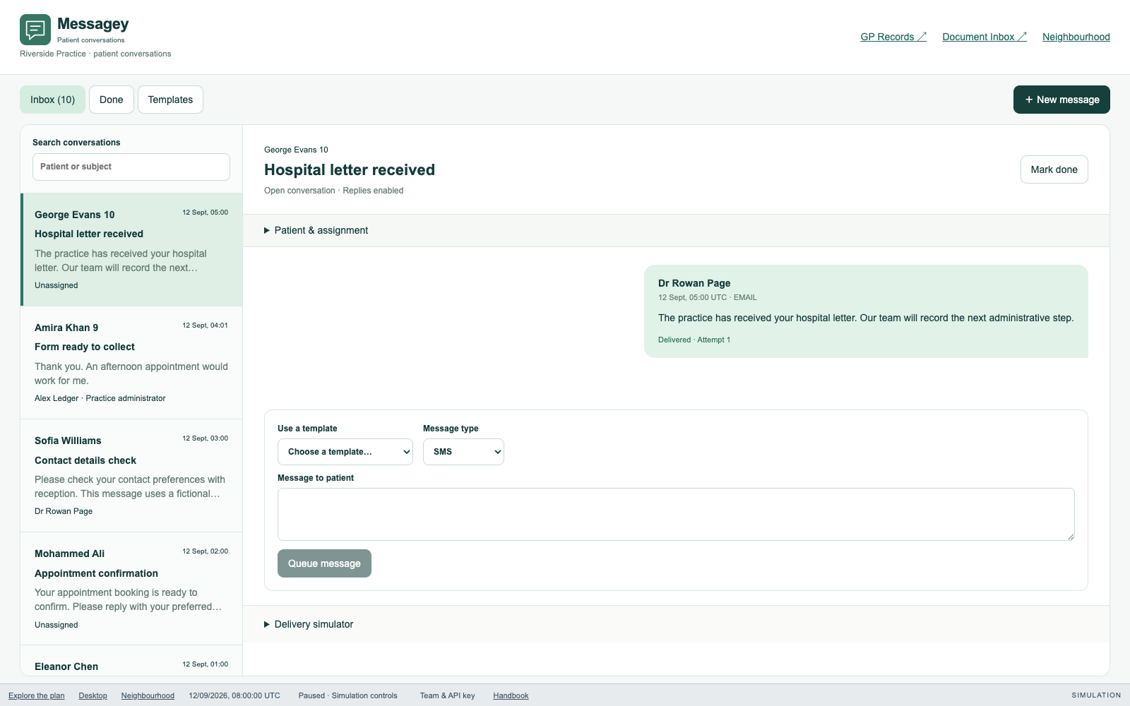Messagey, the primary-care messaging system, showing a fictional patient conversation.